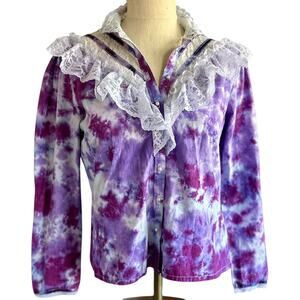Womens Top Medium Tie Dye Purple Long Sleeve Button Up Western Style Lace Trim
